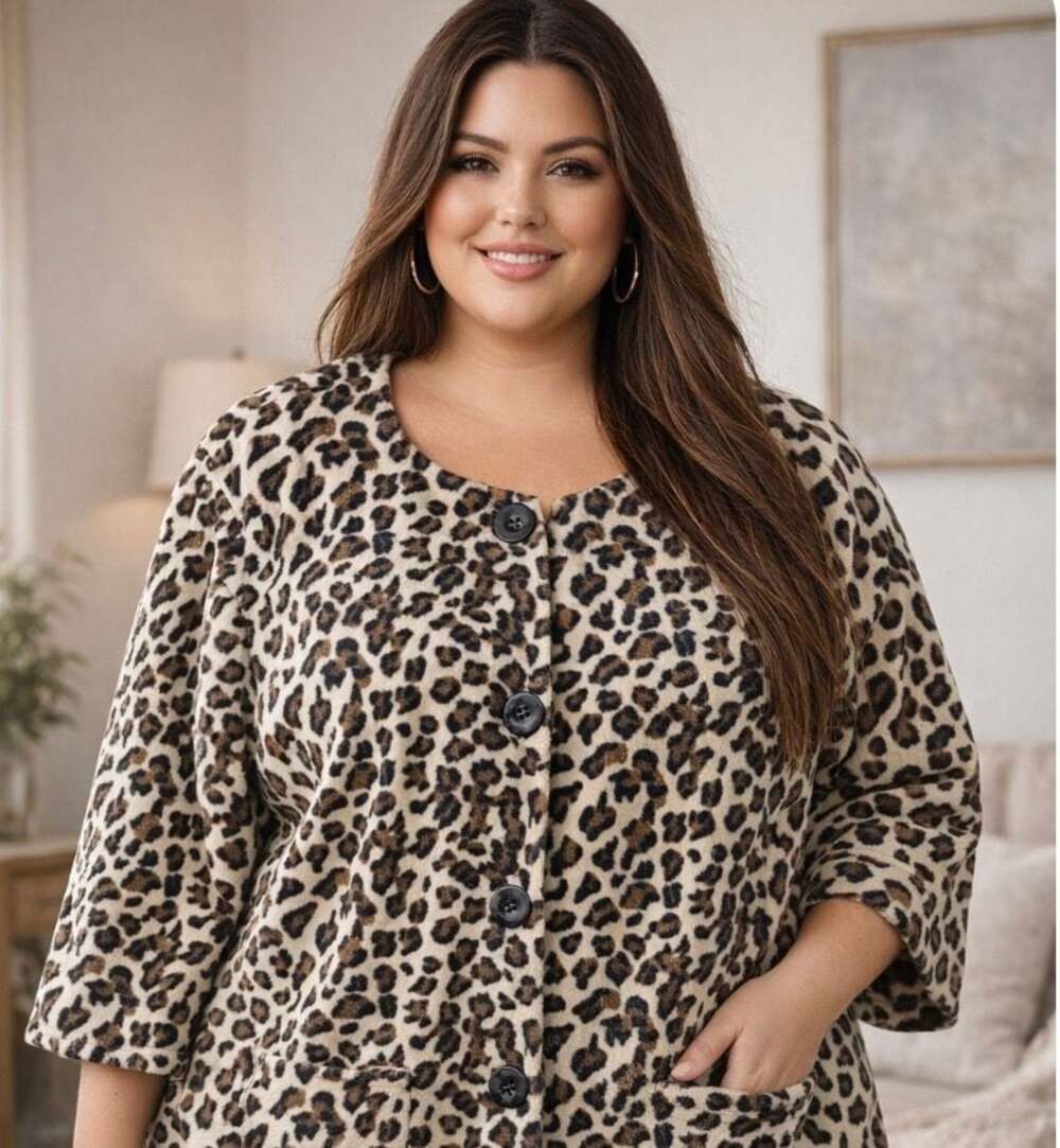 Ruby Rd. Woman Leopard Print Button-Front Fleece Jacket Size 20W